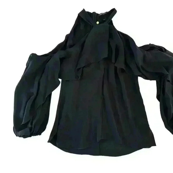 KOBI HALPERIN NWT Adrienne Ruffled Cold-shoulder Silk Blouse In Black Size XS - Picture 11 of 11